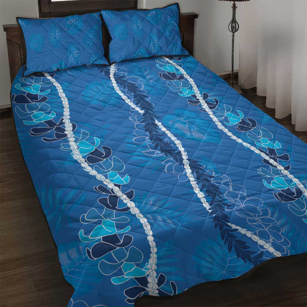 Hawaii Maile Lei Quilt Bed Set With Blue Monstera Pattern