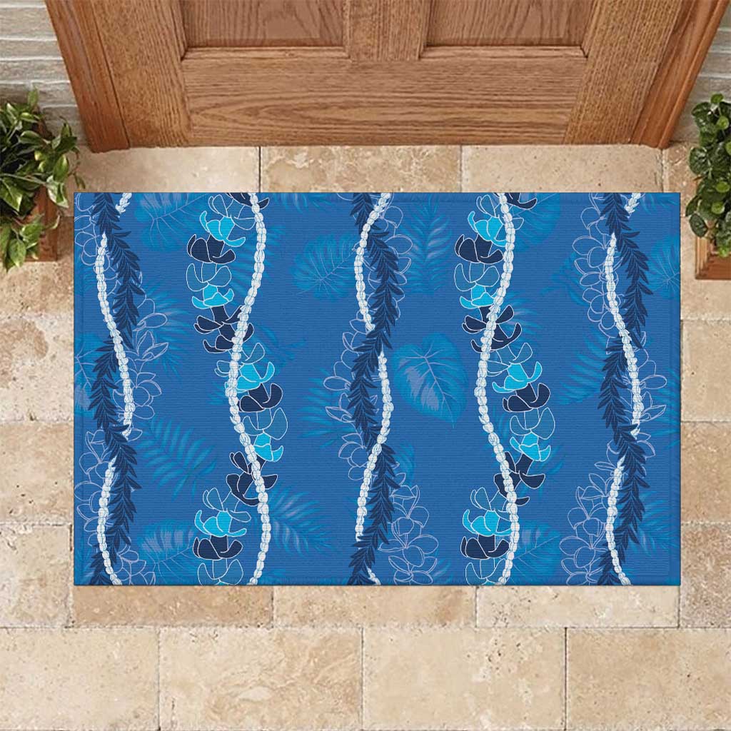 Hawaii Maile Lei Rubber Doormat With Blue Monstera Pattern