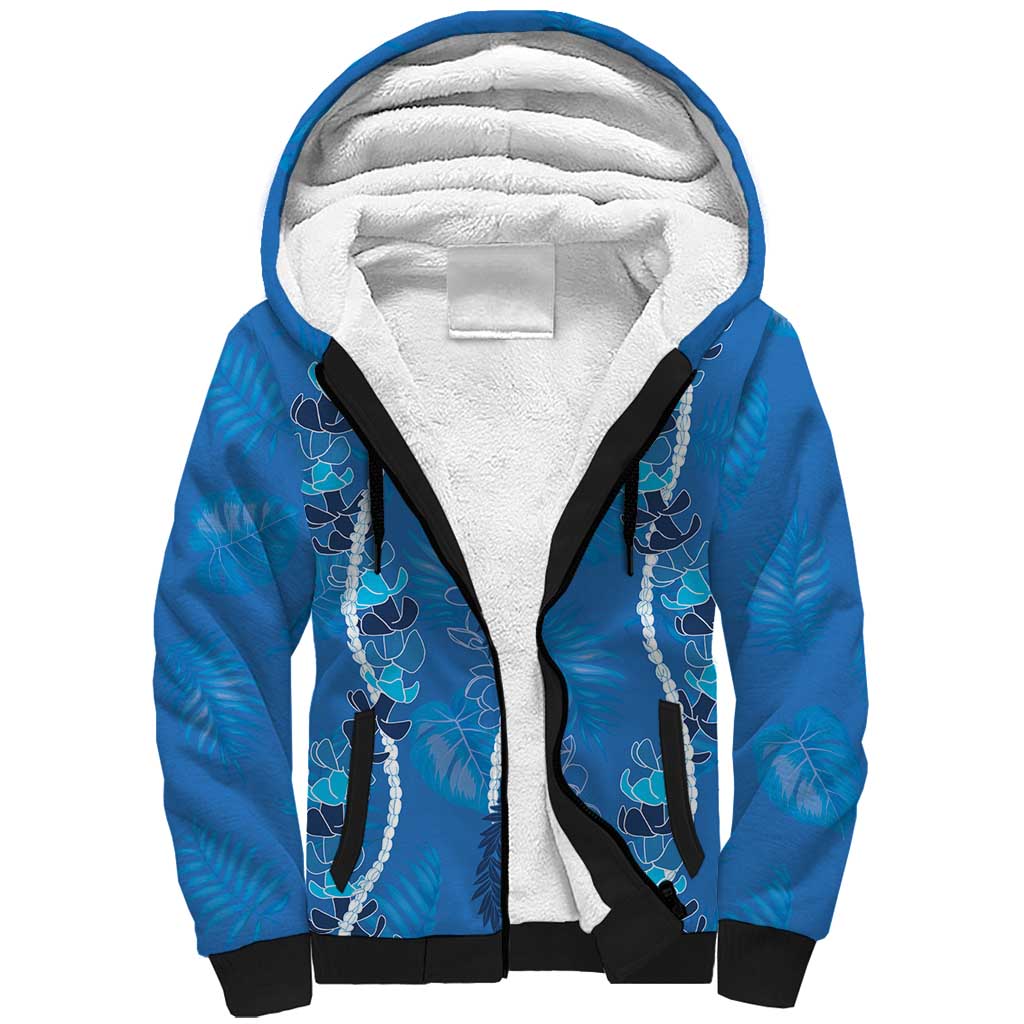 Hawaii Maile Lei Sherpa Hoodie With Blue Monstera Pattern