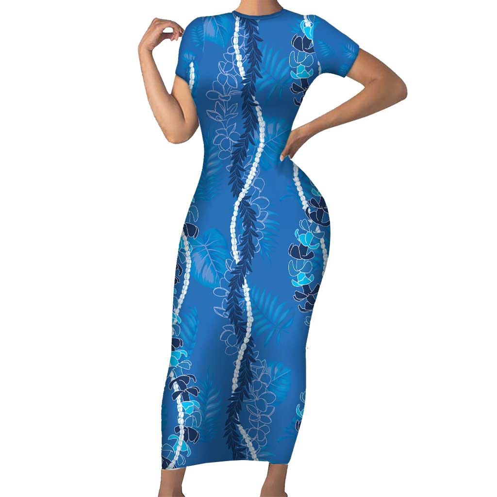 Hawaii Maile Lei Short Sleeve Bodycon Dress With Blue Monstera Pattern