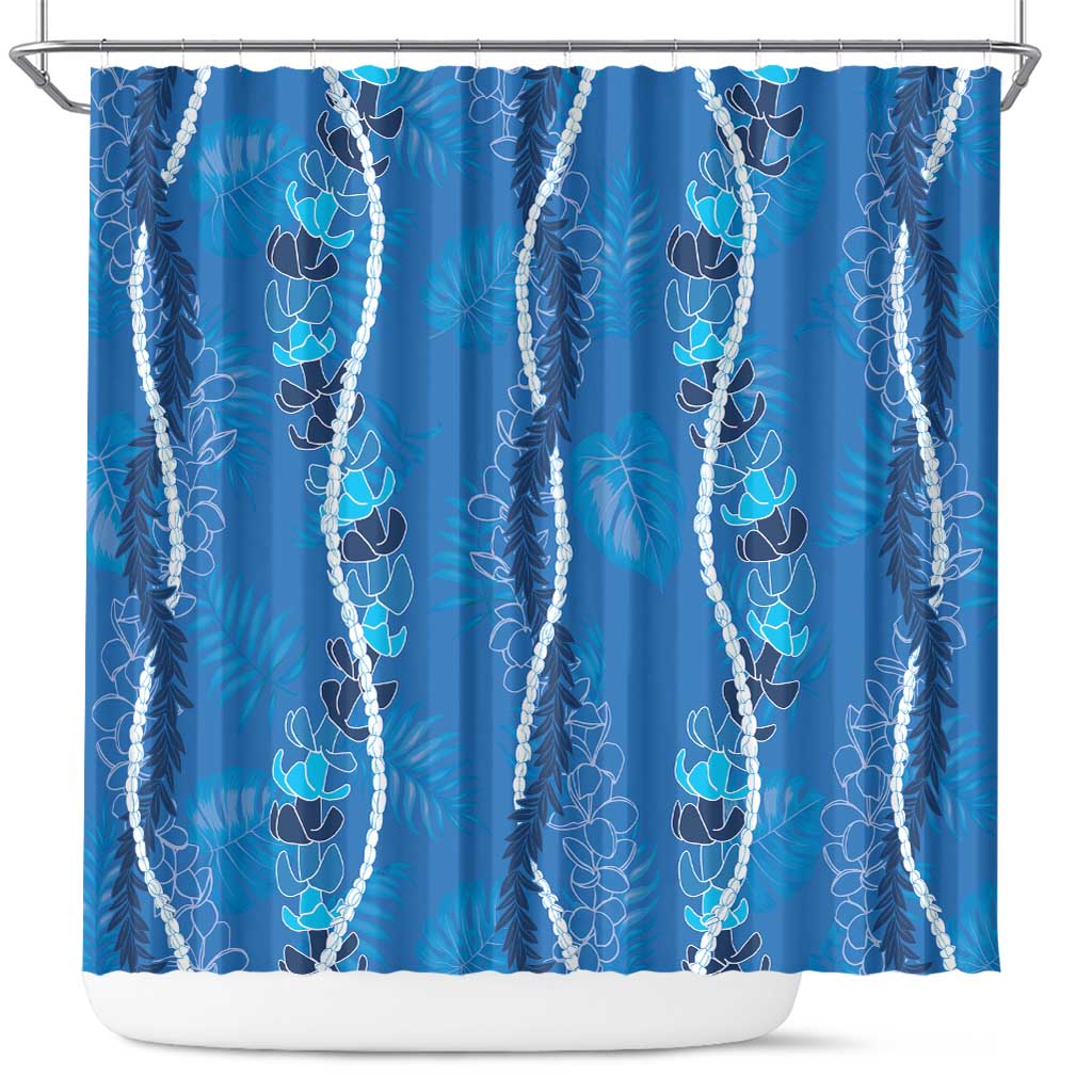 Hawaii Maile Lei Shower Curtain With Blue Monstera Pattern