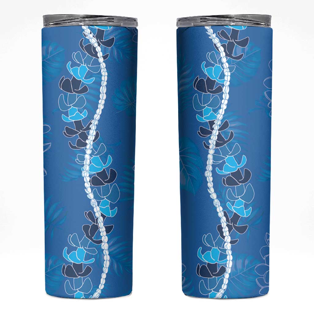 Hawaii Maile Lei Skinny Tumbler With Blue Monstera Pattern