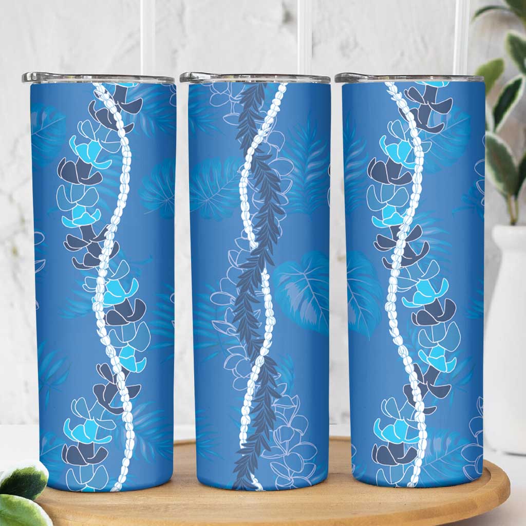 Hawaii Maile Lei Skinny Tumbler With Blue Monstera Pattern