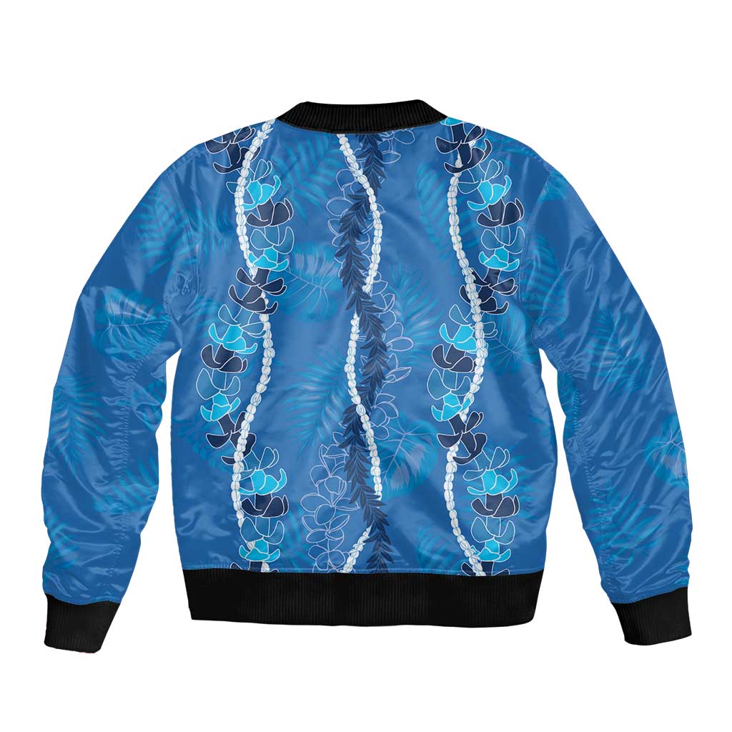Hawaii Maile Lei Sleeve Zip Bomber Jacket With Blue Monstera Pattern LT05 - Polynesian Pride