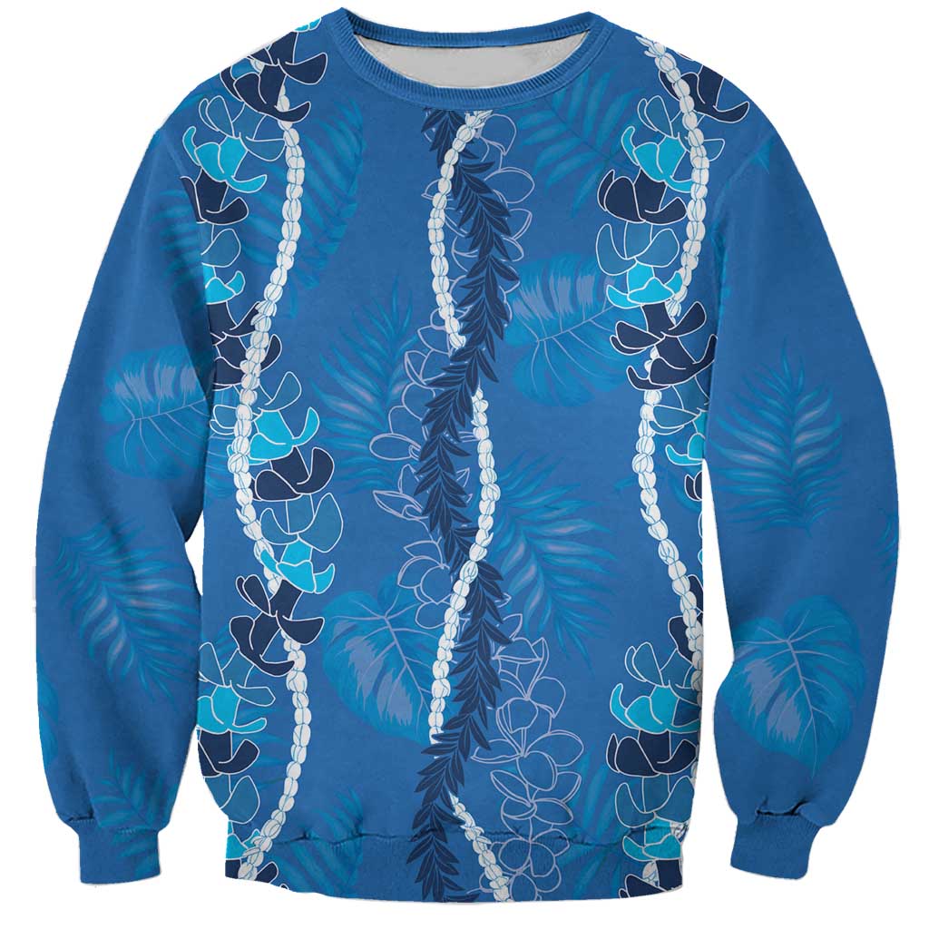 Hawaii Maile Lei Sweatshirt With Blue Monstera Pattern