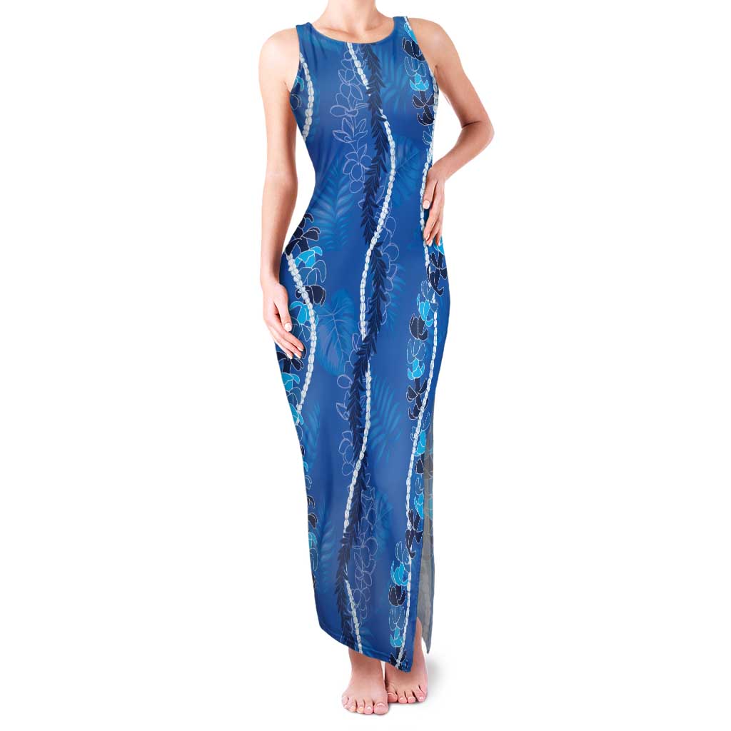 Hawaii Maile Lei Tank Maxi Dress With Blue Monstera Pattern