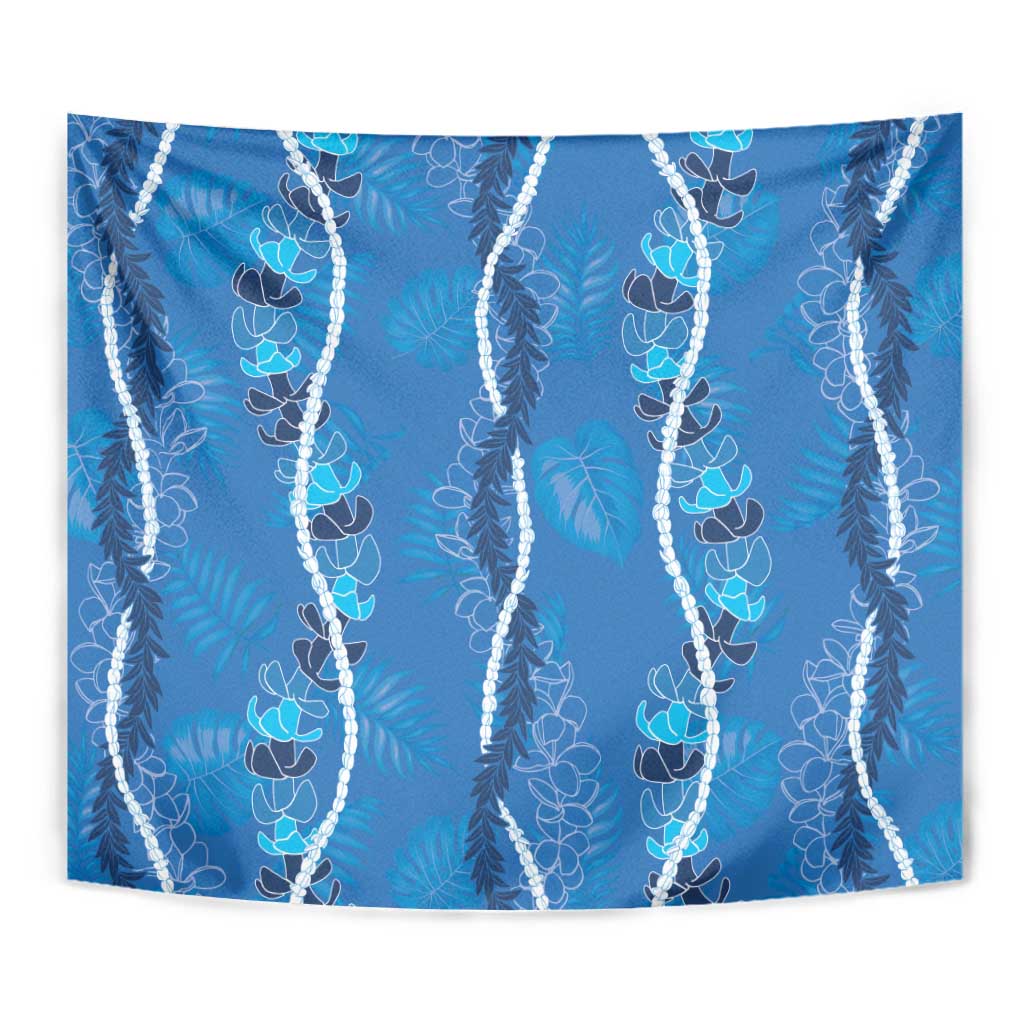 Hawaii Maile Lei Tapestry With Blue Monstera Pattern