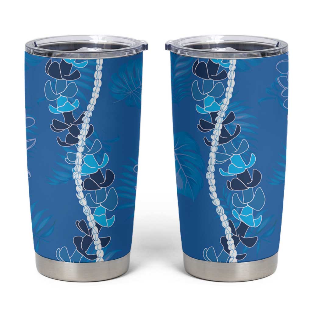 Hawaii Maile Lei Tumbler Cup With Blue Monstera Pattern