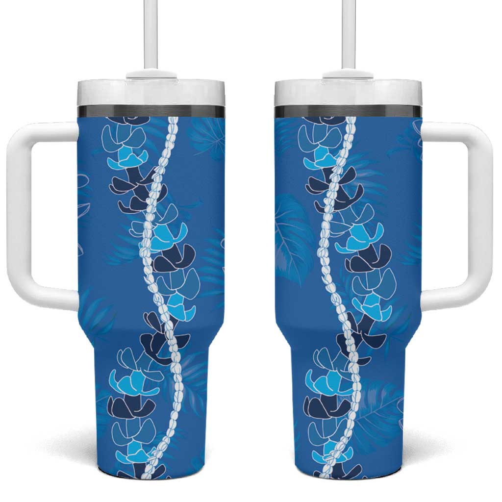 Hawaii Maile Lei Tumbler With Handle With Blue Monstera Pattern