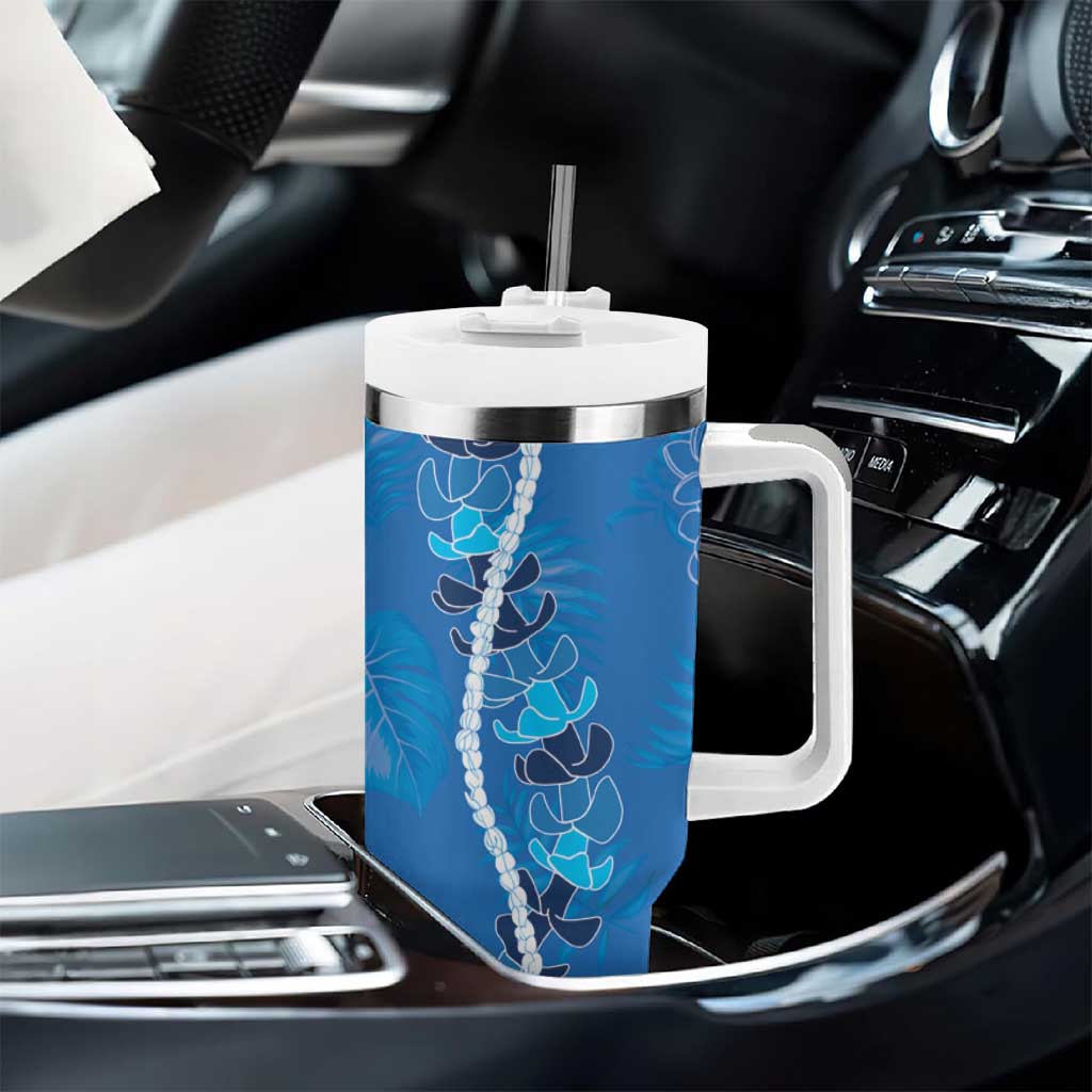 Hawaii Maile Lei Tumbler With Handle With Blue Monstera Pattern