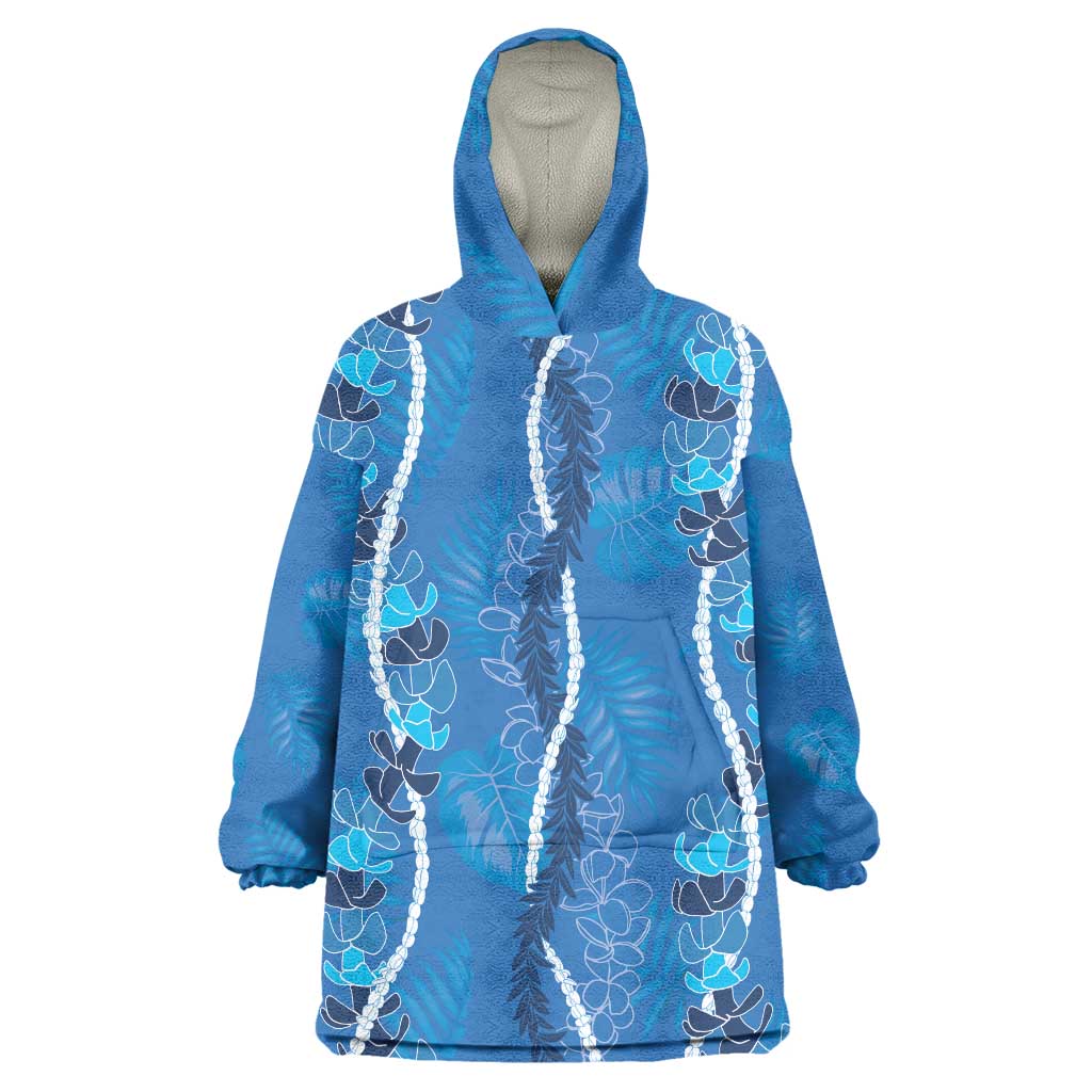 Hawaii Maile Lei Wearable Blanket Hoodie With Blue Monstera Pattern