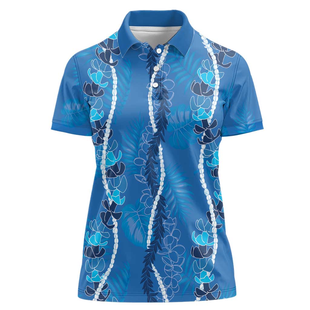 Hawaii Maile Lei Women Polo Shirt With Blue Monstera Pattern