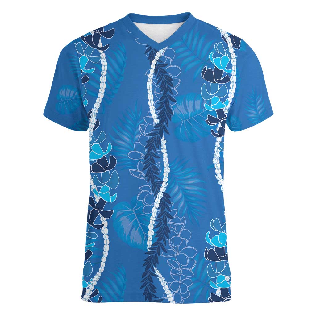 Hawaii Maile Lei Women V-Neck T-Shirt With Blue Monstera Pattern