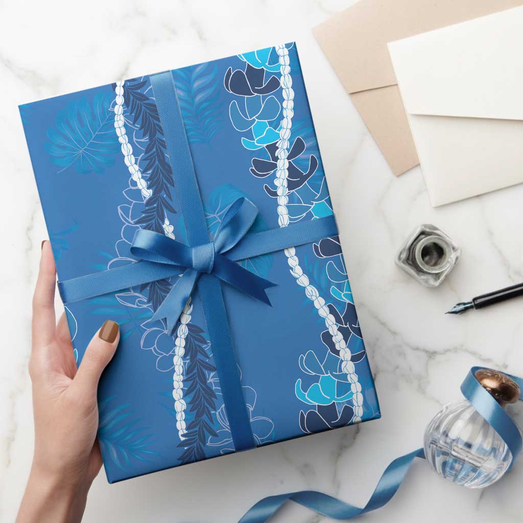 Hawaii Maile Lei Wrapping Paper With Blue Monstera Pattern - Polynesian Pride