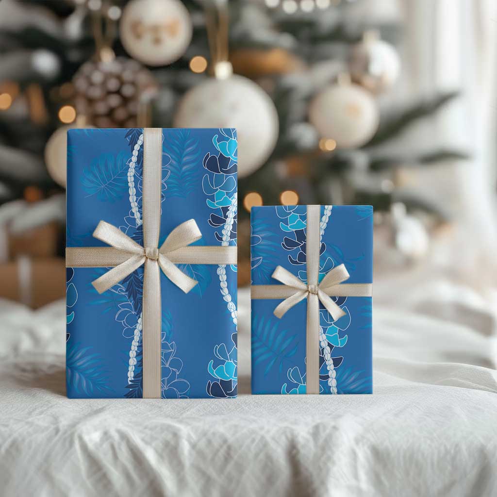 Hawaii Maile Lei Wrapping Paper With Blue Monstera Pattern - Polynesian Pride