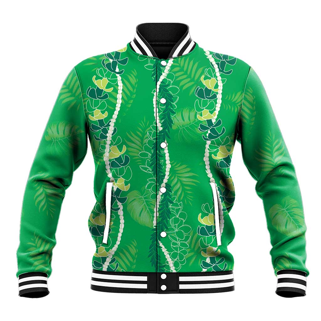 Hawaii Maile Lei Baseball Jacket With Green Monstera Pattern