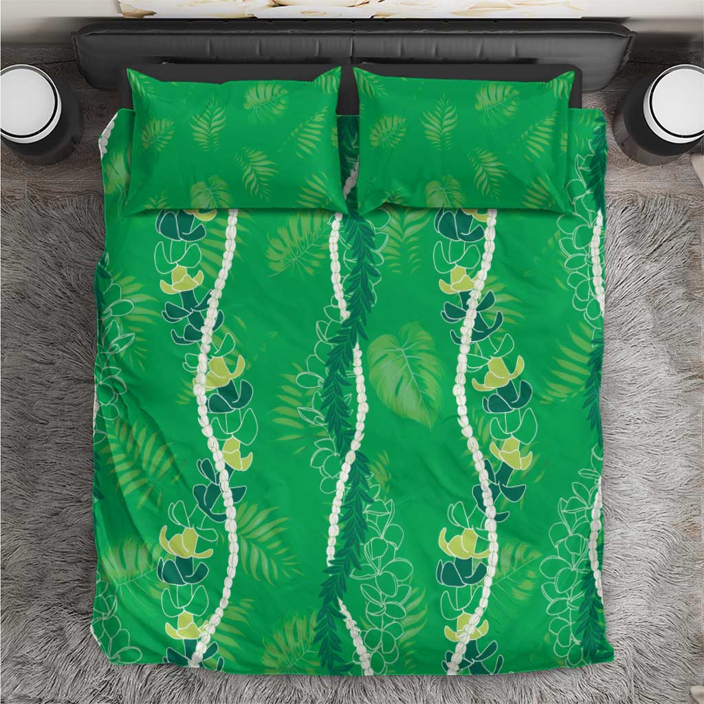 Hawaii Maile Lei Bedding Set With Green Monstera Pattern