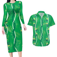 Hawaii Maile Lei Couples Matching Long Sleeve Bodycon Dress and Hawaiian Shirt With Green Monstera Pattern