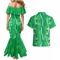Hawaii Maile Lei Couples Matching Mermaid Dress and Hawaiian Shirt With Green Monstera Pattern