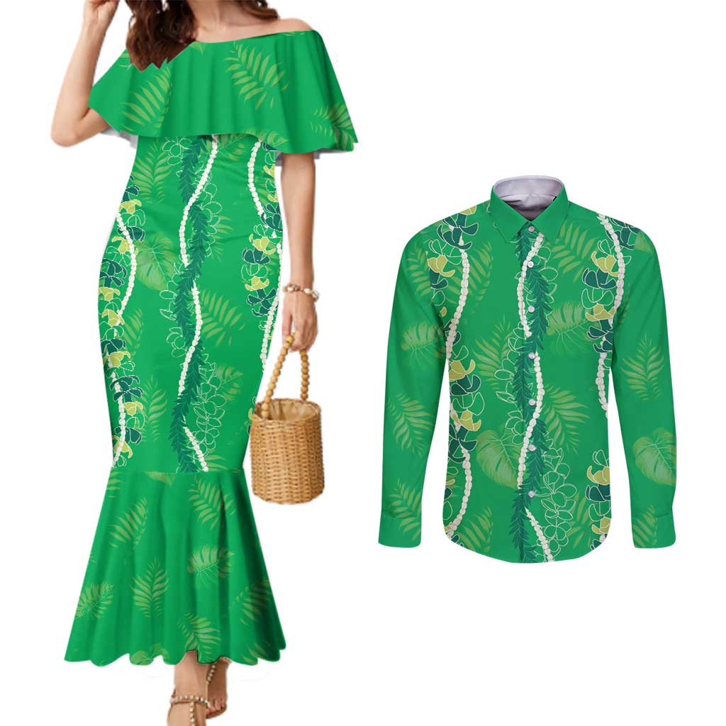 Hawaii Maile Lei Couples Matching Mermaid Dress and Long Sleeve Button Shirt With Green Monstera Pattern