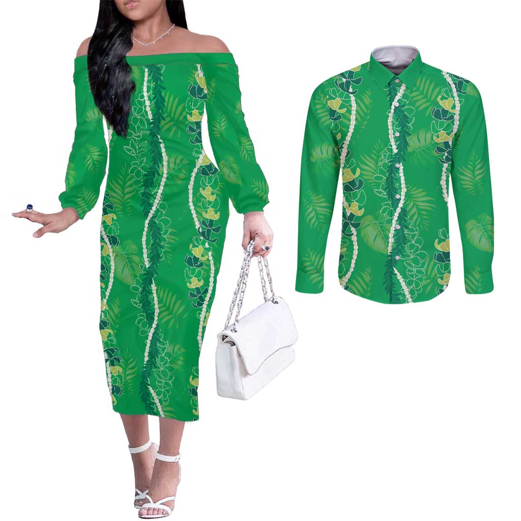 Hawaii Maile Lei Couples Matching Off The Shoulder Long Sleeve Dress and Long Sleeve Button Shirt With Green Monstera Pattern