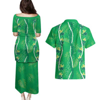 Hawaii Maile Lei Couples Matching Puletasi and Hawaiian Shirt With Green Monstera Pattern