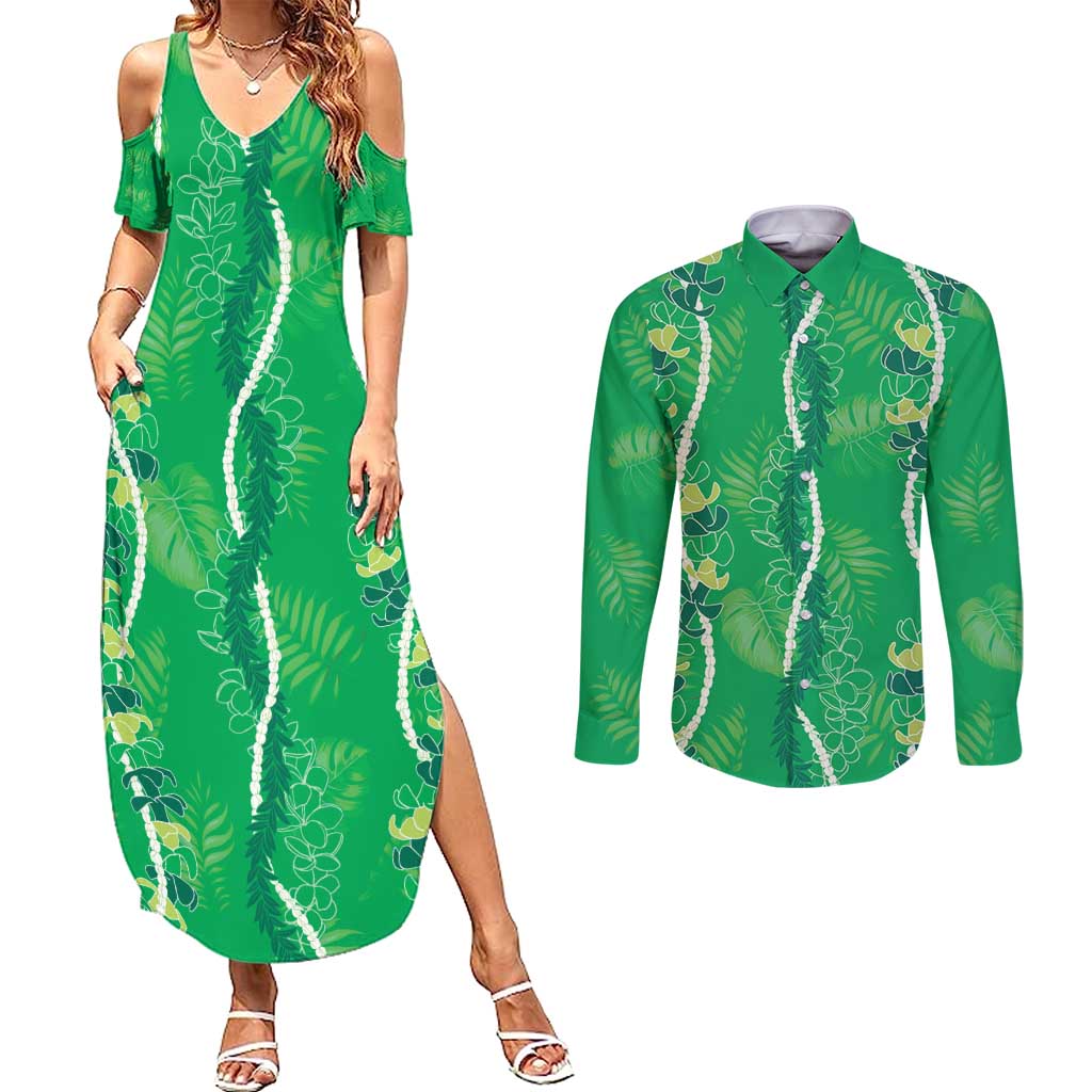 Hawaii Maile Lei Couples Matching Summer Maxi Dress and Long Sleeve Button Shirt With Green Monstera Pattern