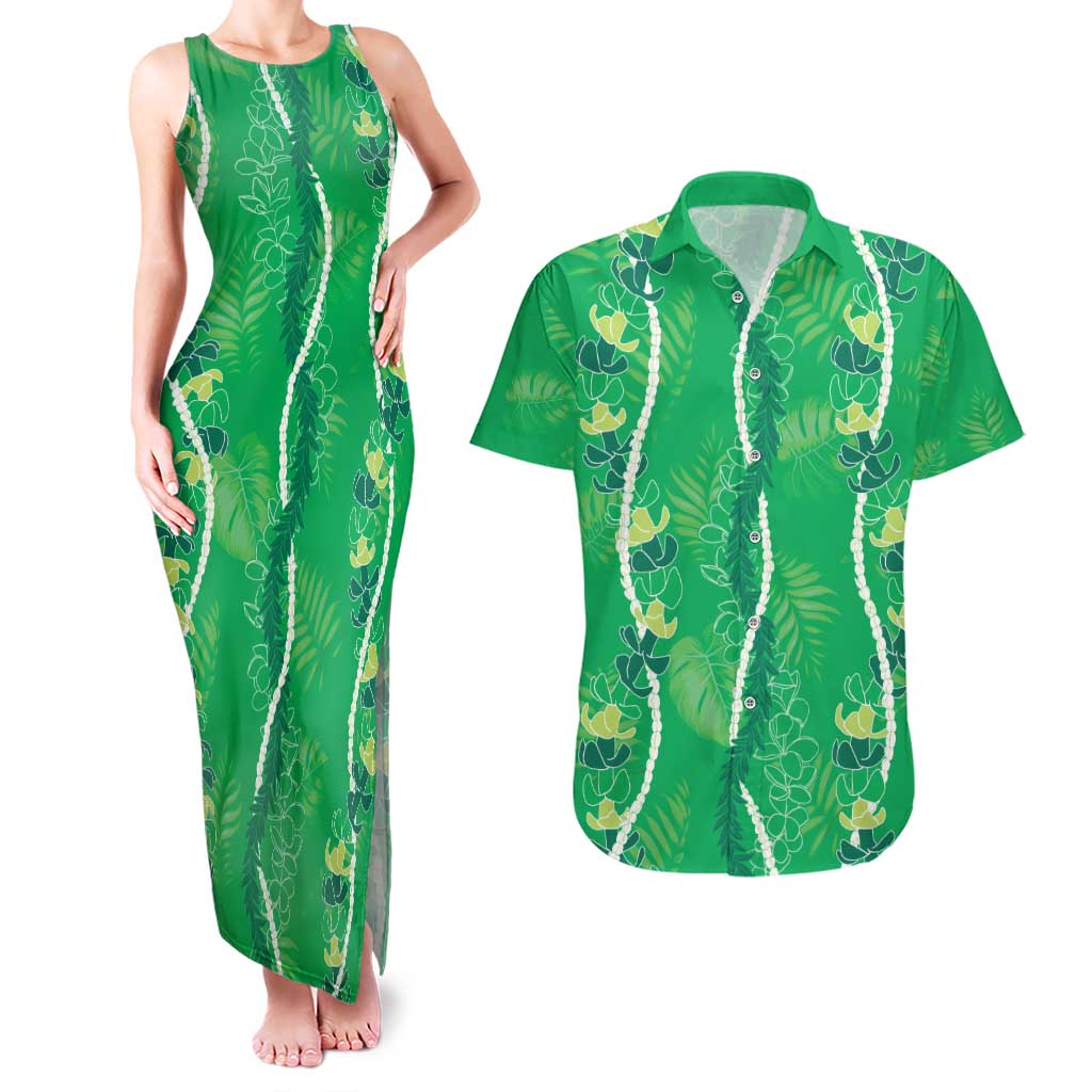 Hawaii Maile Lei Couples Matching Tank Maxi Dress and Hawaiian Shirt With Green Monstera Pattern