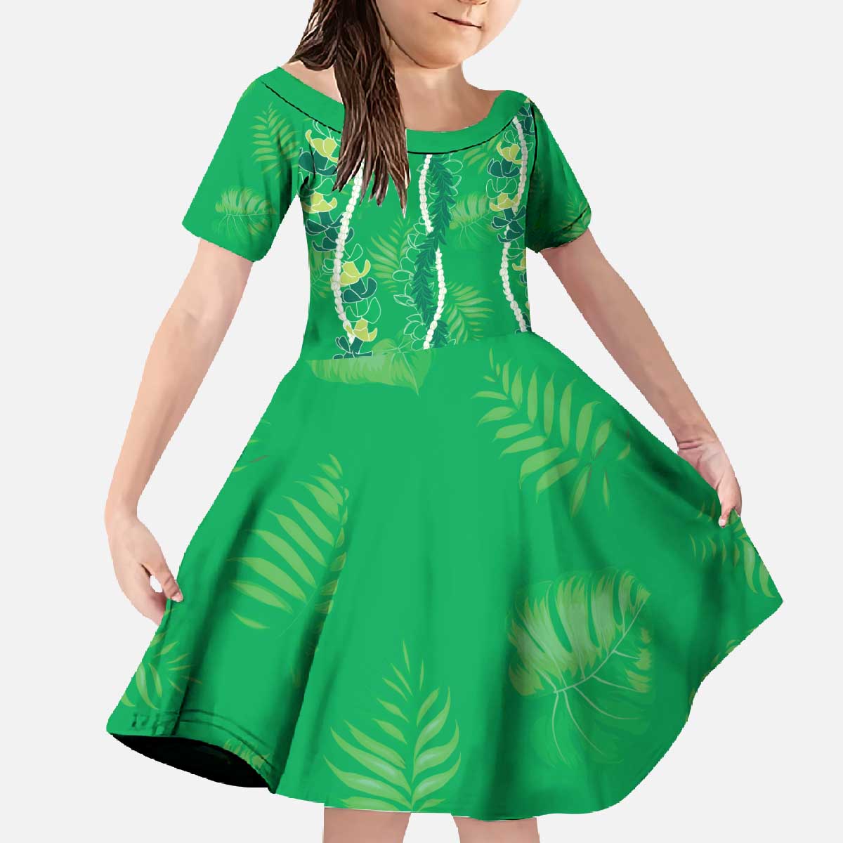 Hawaii Maile Lei Family Matching Off The Shoulder Long Sleeve Dress and Hawaiian Shirt With Green Monstera Pattern