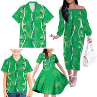 Hawaii Maile Lei Family Matching Off The Shoulder Long Sleeve Dress and Hawaiian Shirt With Green Monstera Pattern