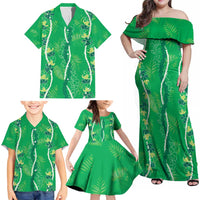 Hawaii Maile Lei Family Matching Off Shoulder Maxi Dress and Hawaiian Shirt With Green Monstera Pattern