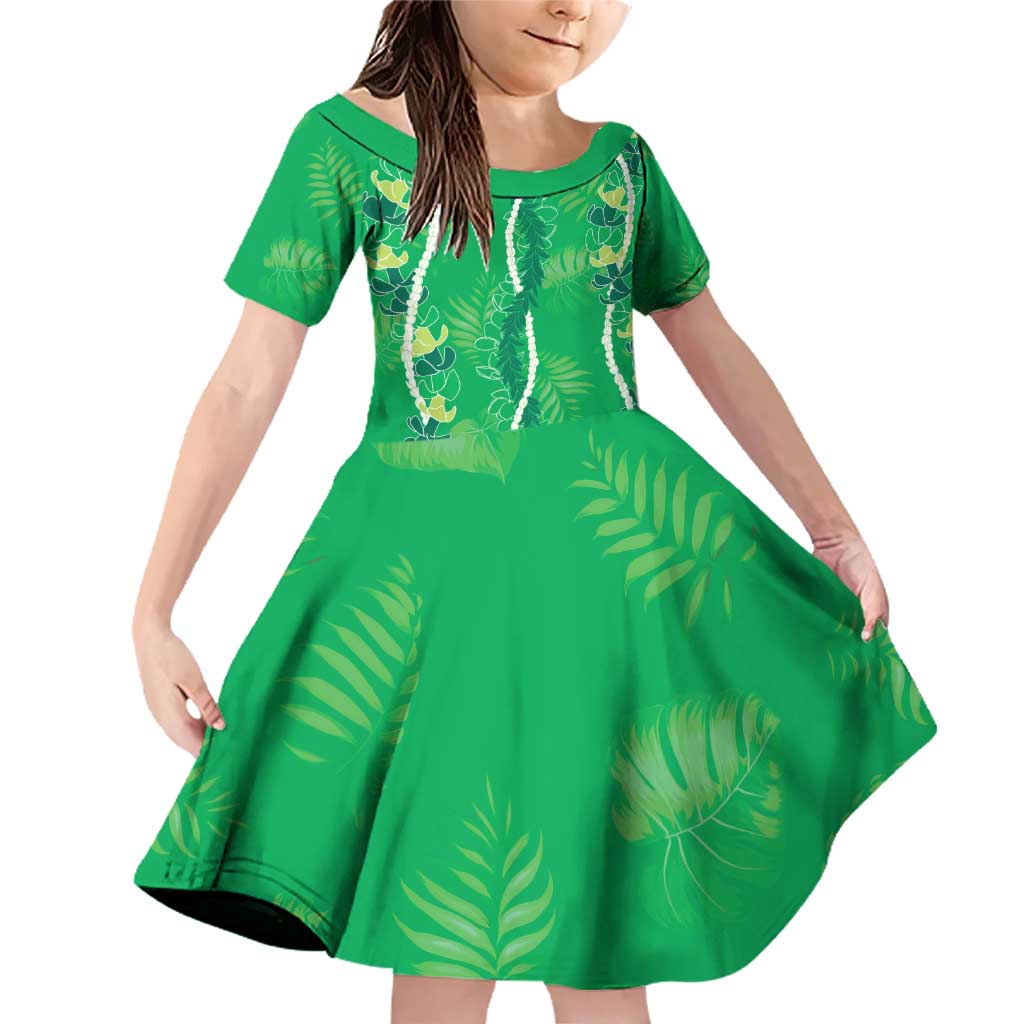 Hawaii Maile Lei Family Matching Off Shoulder Short Dress and Hawaiian Shirt With Green Monstera Pattern