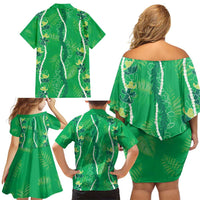 Hawaii Maile Lei Family Matching Off Shoulder Short Dress and Hawaiian Shirt With Green Monstera Pattern
