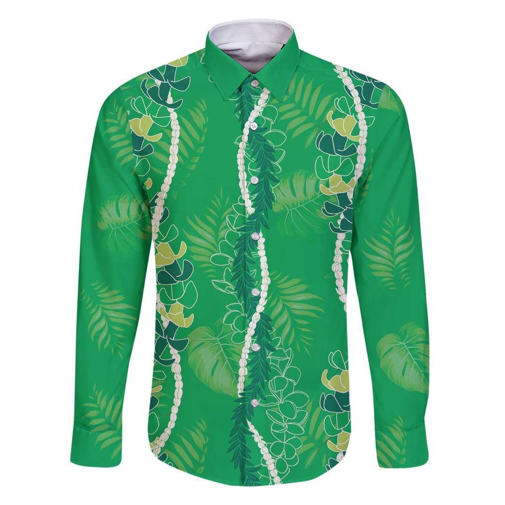 Hawaii Maile Lei Family Matching Off Shoulder Short Dress and Hawaiian Shirt With Green Monstera Pattern