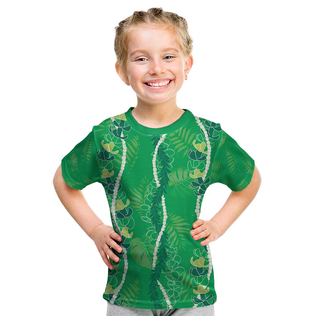 Hawaii Maile Lei Kid T Shirt With Green Monstera Pattern