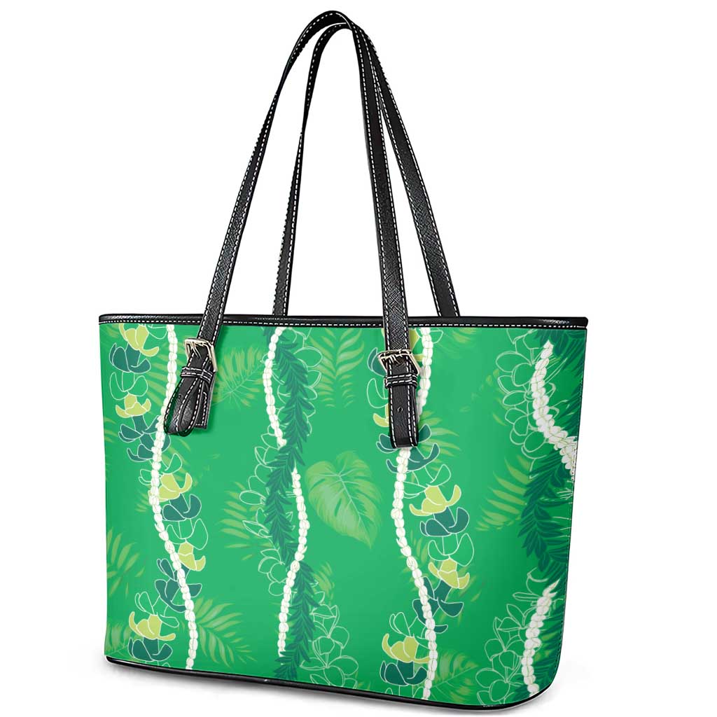 Hawaii Maile Lei Leather Tote Bag With Green Monstera Pattern