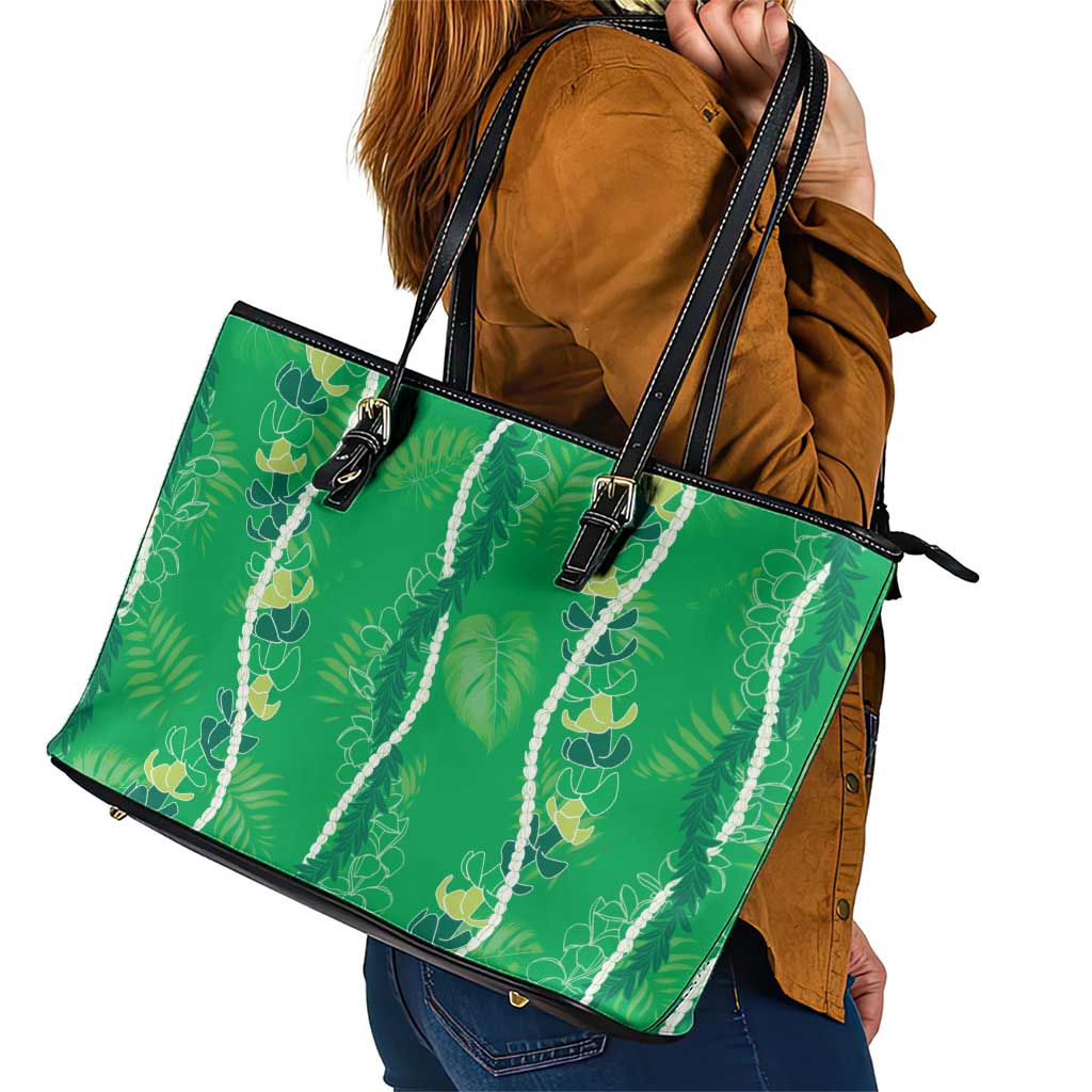 Hawaii Maile Lei Leather Tote Bag With Green Monstera Pattern