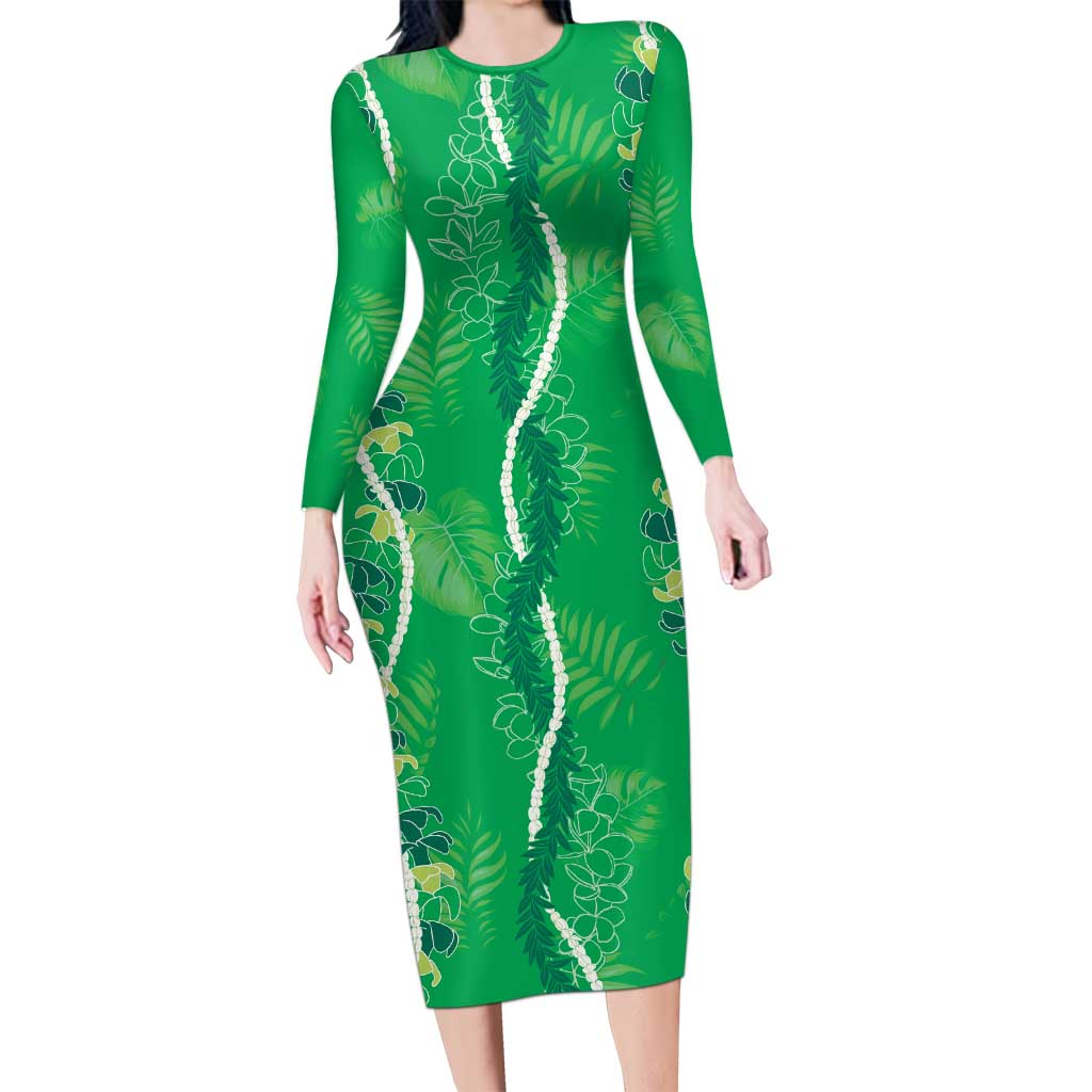 Hawaii Maile Lei Long Sleeve Bodycon Dress With Green Monstera Pattern