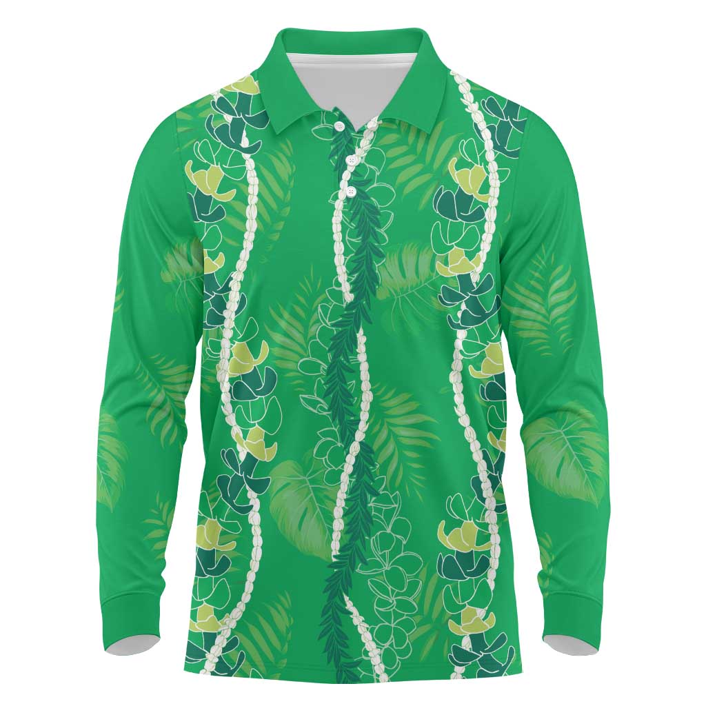 Hawaii Maile Lei Long Sleeve Polo Shirt With Green Monstera Pattern