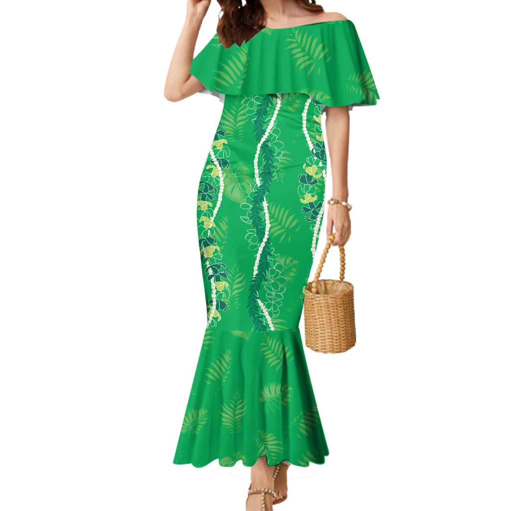 Hawaii Maile Lei Mermaid Dress With Green Monstera Pattern