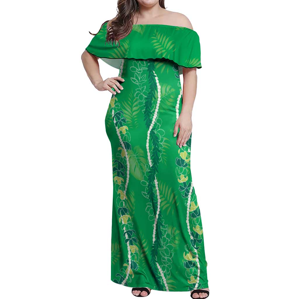 Hawaii Maile Lei Off Shoulder Maxi Dress With Green Monstera Pattern