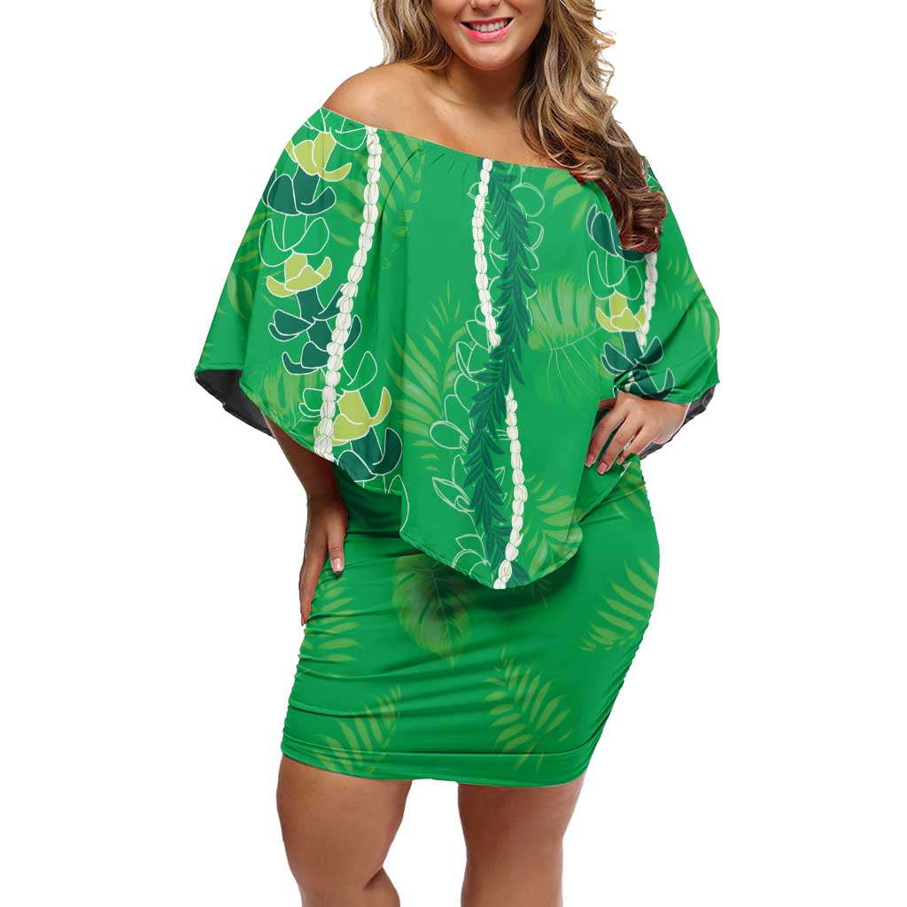 Hawaii Maile Lei Off Shoulder Short Dress With Green Monstera Pattern