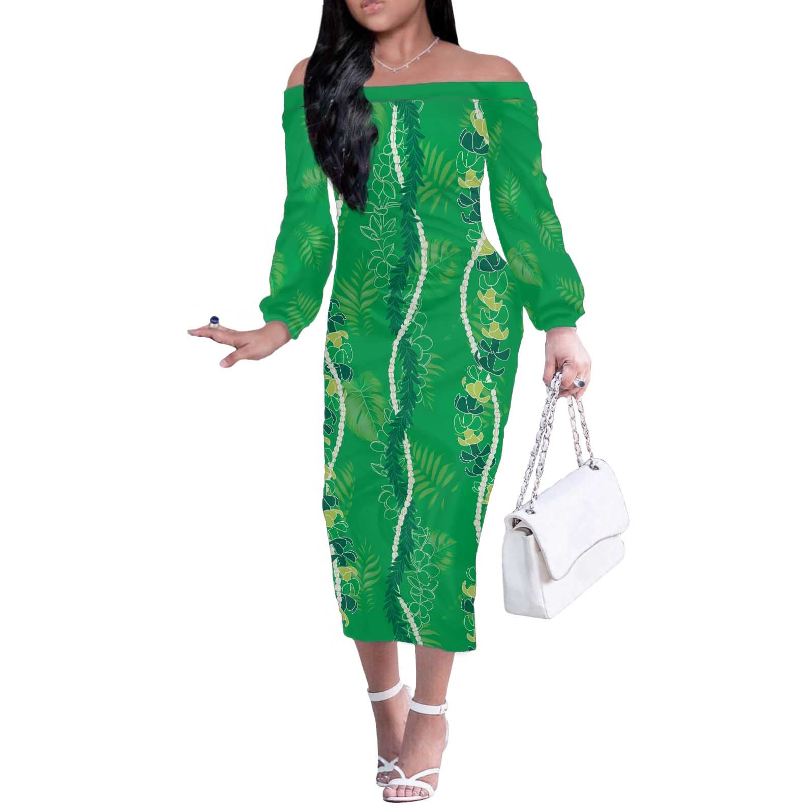 Hawaii Maile Lei Off The Shoulder Long Sleeve Dress With Green Monstera Pattern