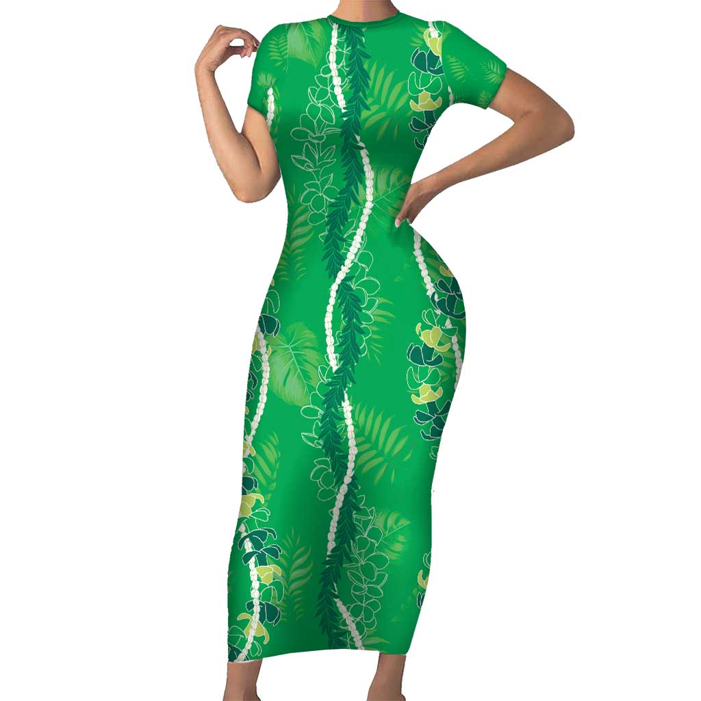 Hawaii Maile Lei Short Sleeve Bodycon Dress With Green Monstera Pattern