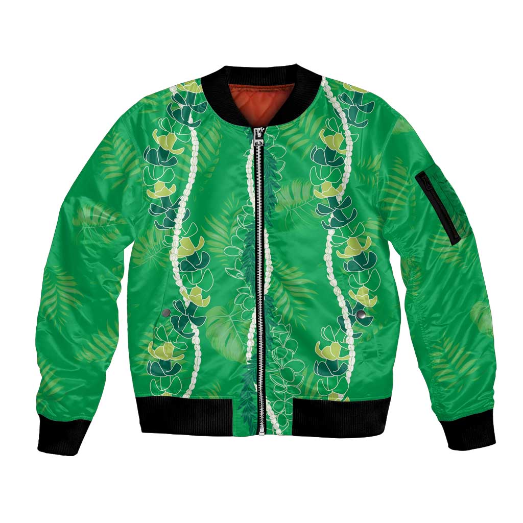 Hawaii Maile Lei Sleeve Zip Bomber Jacket With Green Monstera Pattern