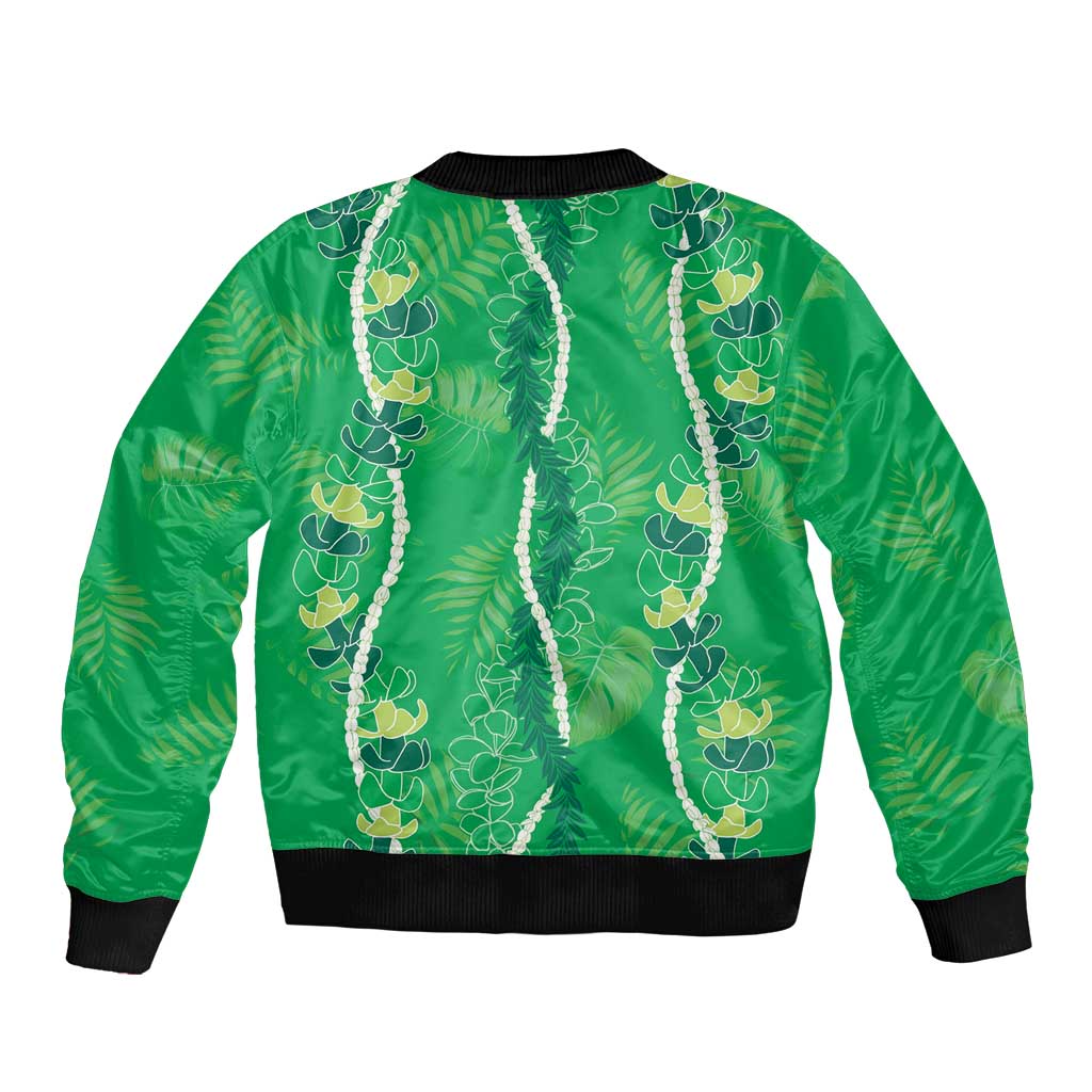 Hawaii Maile Lei Sleeve Zip Bomber Jacket With Green Monstera Pattern LT05 - Polynesian Pride