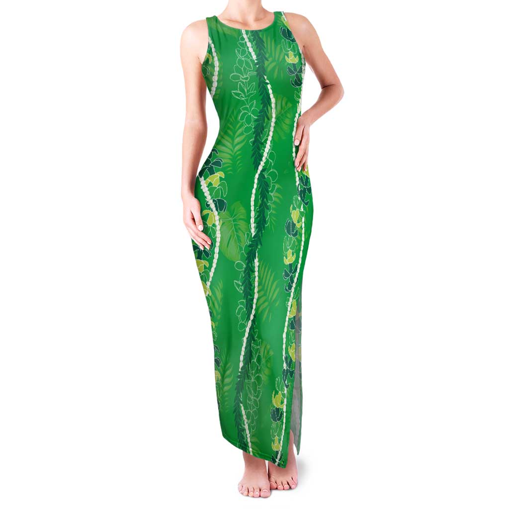 Hawaii Maile Lei Tank Maxi Dress With Green Monstera Pattern