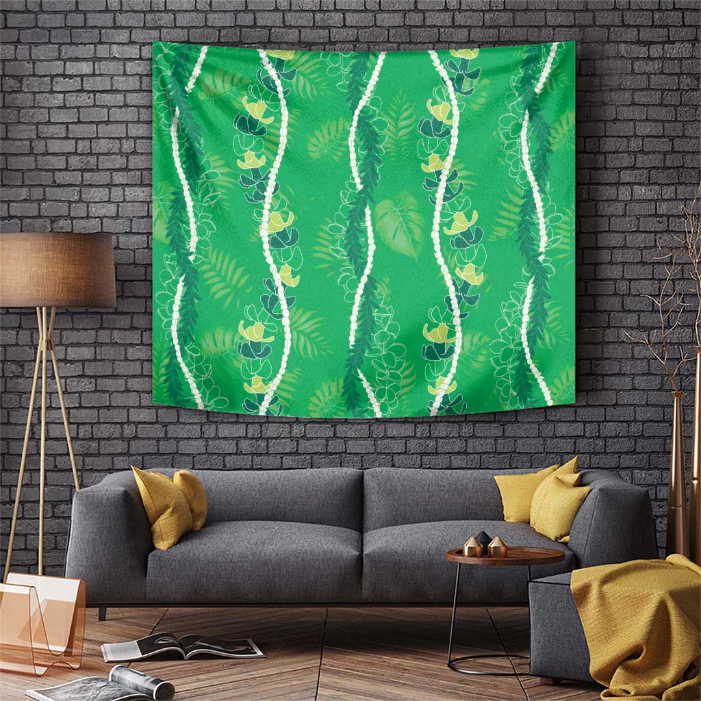 Hawaii Maile Lei Tapestry With Green Monstera Pattern