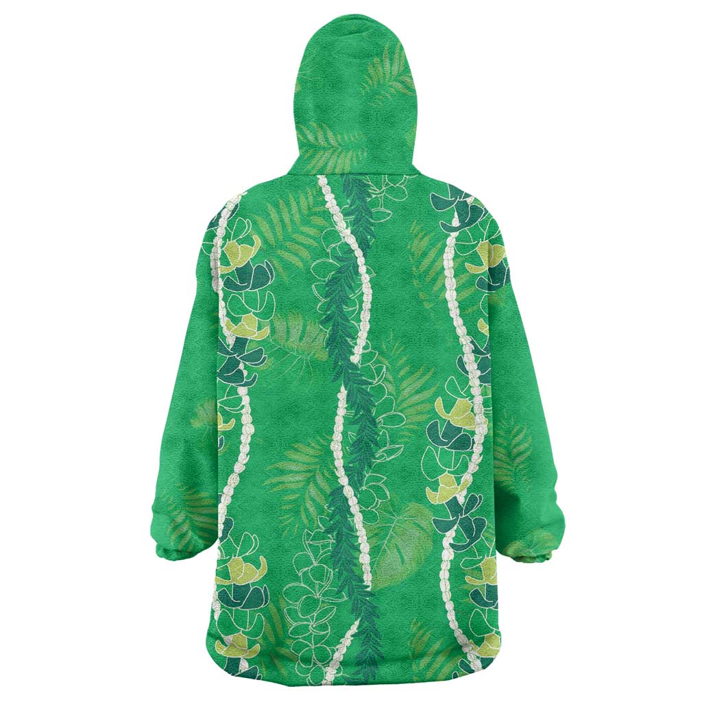Hawaii Maile Lei Wearable Blanket Hoodie With Green Monstera Pattern