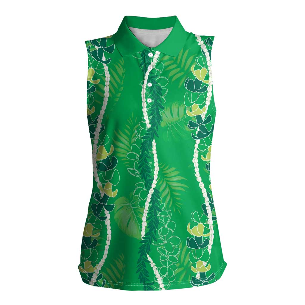 Hawaii Maile Lei Women Sleeveless Polo Shirt With Green Monstera Pattern